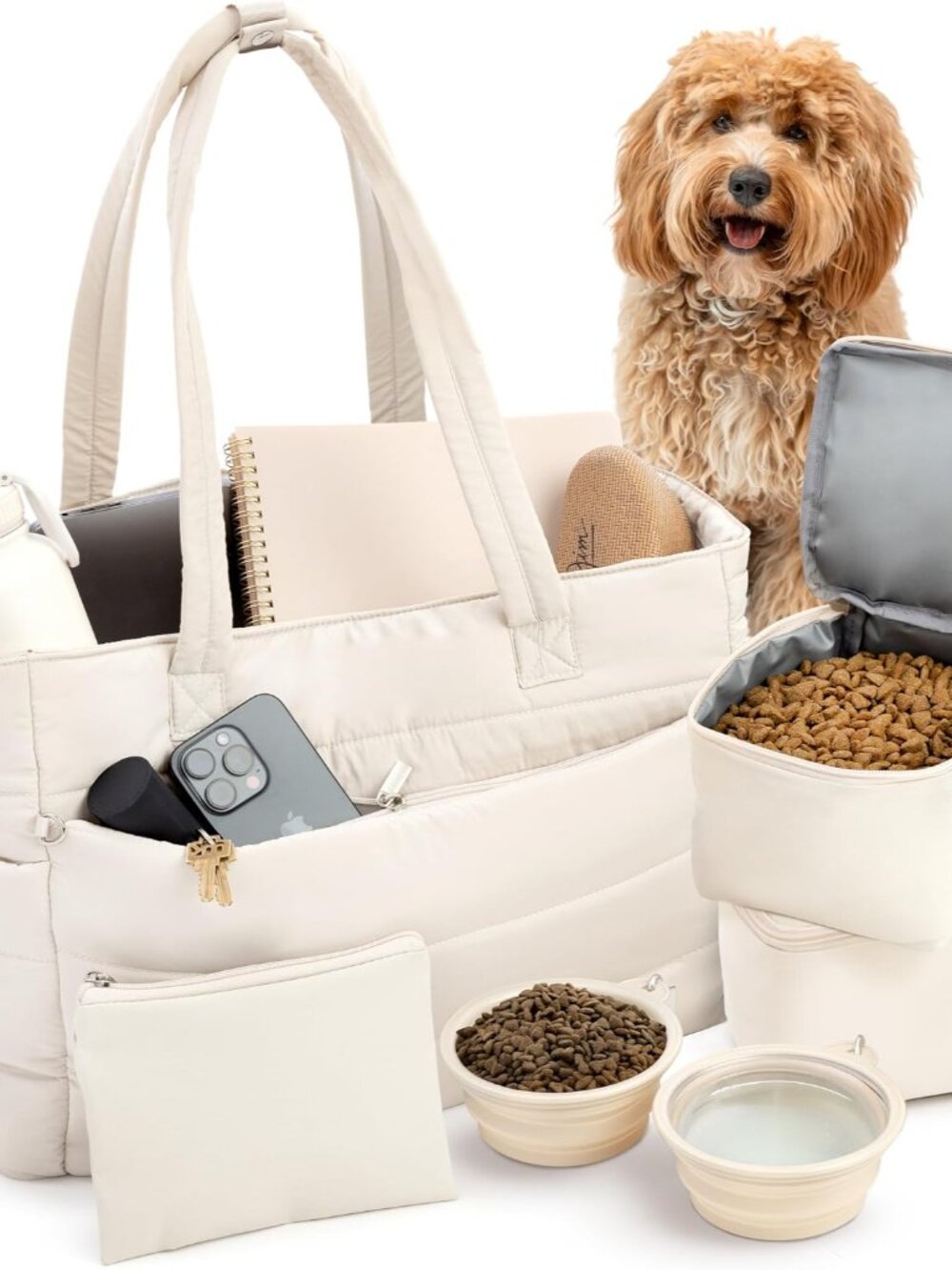 Puffer Dog Travel Bag for Dog Moms, Diaper Bag with Travel Bowls
